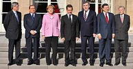 Jean Claude Junker, Silvio Berlusconi, Angela Merkel, Nicolas Sarzoky, Gordon Brown. José Durao Barroso y Jean-Claude Trichet