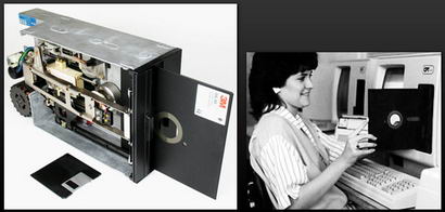 Floppy disk de 8 plg y unidades lectoras (a la izquierda un floppy de 3,5 pulg.)