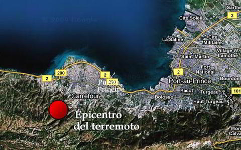 Epicentro terremoto (12/01/10) en Haiti (Google Maps)