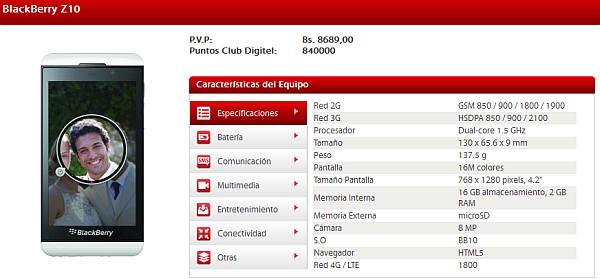 Blackberry Z10 LTE ofrecido por Digitel en Venezuela