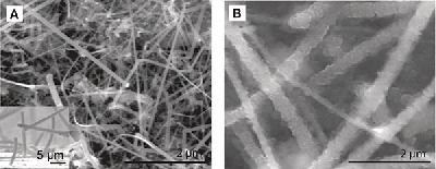Nanohilos de silicio antes (izquierda) de haber absorbido el litio y después de haberlo hecho (derecha). Foto: Nature Nanotechnology