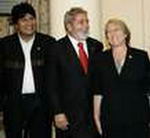 Evo Morales, Lula Da Silva y  Michelle Bachelet, presidentes de Bolivia, Brasil y Chile, respectivamente