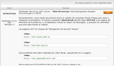 Post en megaresistencia.com sobre ataques a sitios Web del gobierno nicaragüense