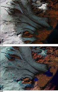 Datos de Landsat muestran como el glaciar Breidamerkurjökul se ha reducido casi 2 Km. desde 1973 (Foto: earthobservatory.nasa.gov)