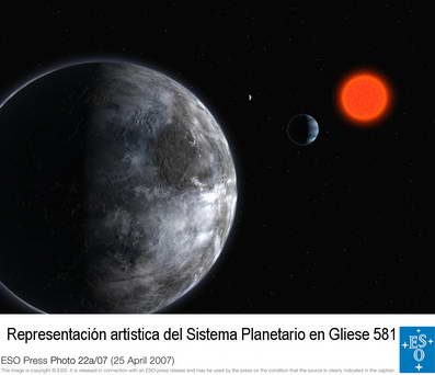 El planeta con 5 masas T (Gliese 581c, en primer plano) completa una órbita cada 13 días, mientras que los otros dos lo hacen en 5 días (el tipo Neptuno, azul, Gliese 581b) y en 84 días (el más lejano, Gliese 581d)