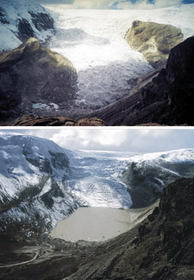 Cambios en el glaciar Qori Kalis (Peru), entre 1978 (arriba) y 2002, mostrando una reduccion de 1.100 mts. (Foto: Prof. L. Thompson / scrippsnews.ucsd.edu)