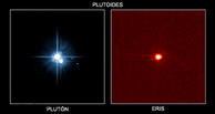 Plutón y su luna Caronte (izquierda) y Eris y su luna Dysnomia