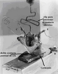 Fotografía del primer transistor construído por los físicos W. Shockley, J. Bardeen y W. Brattain en diciembre de 1947 (Foto: bellsystemmemorial.com)